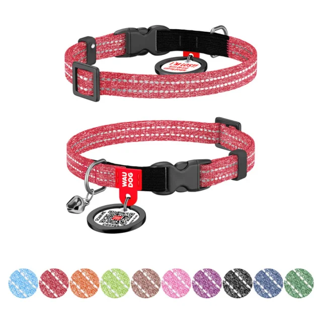 Нашийник Waudog Re-cotton з QR паспортом для котів, світловідбиваючий, пластиковий фастекс, XS, Ш: 10 мм, Д: 20-30 см, червоний