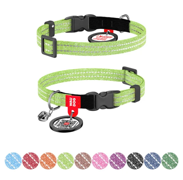 Нашийник Waudog Re-cotton з QR паспортом для котів, світловідбиваючий, пластиковий фастекс, XS, Ш: 10 мм, Д: 20-30 см, салатовий