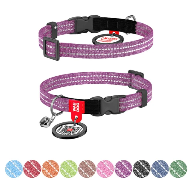 Нашийник Waudog Re-cotton з QR паспортом для котів, світловідбиваючий, пластиковий фастекс, XS, Ш: 10 мм, Д: 20-30 см, фіолетовий