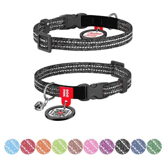 Нашийник Waudog Re-cotton з QR паспортом для котів, світловідбиваючий, пластиковий фастекс, XS, Ш: 10 мм, Д: 20-30 см, сірий