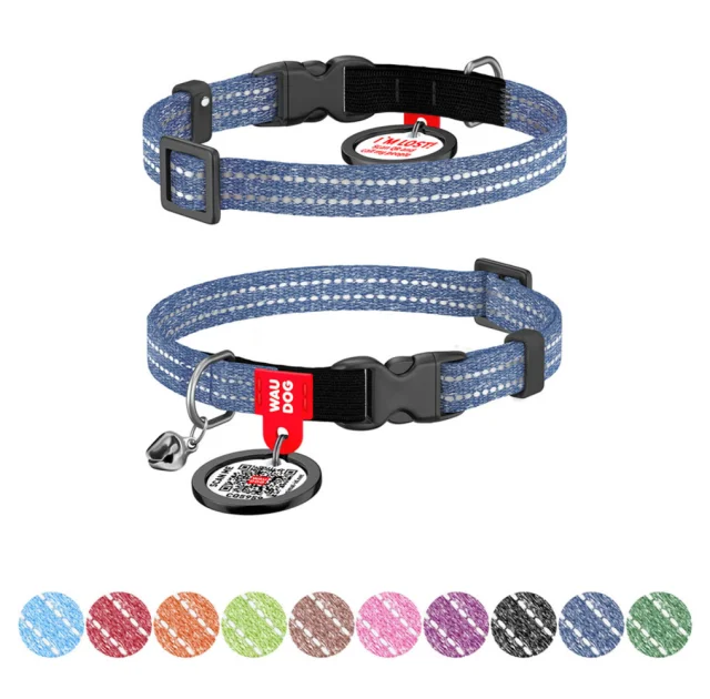 Нашийник Waudog Re-cotton з QR паспортом для котів, світловідбиваючий, пластиковий фастекс, XS, 10 мм, довжина 20-30 см, синій