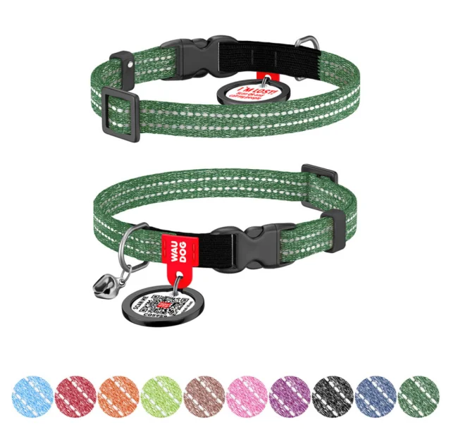 Нашийник Waudog Re-cotton, QR паспорт для котів з відновленої бавовни , світловідбивач, XS, 10 мм, 20-30 см, зелений