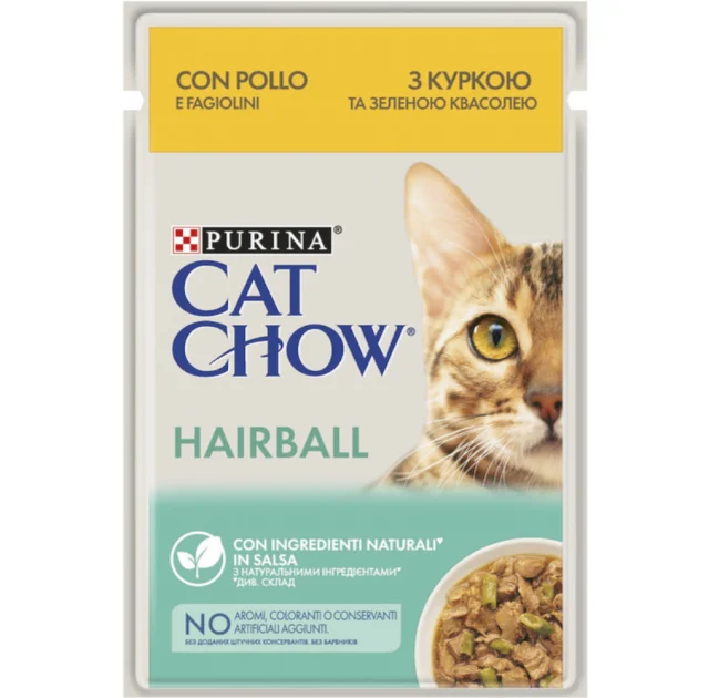 Вологий корм Purina Cat Chow Hairball Control для виведення шерсті у котів, з куркою та зеленою квасолею, 85 г