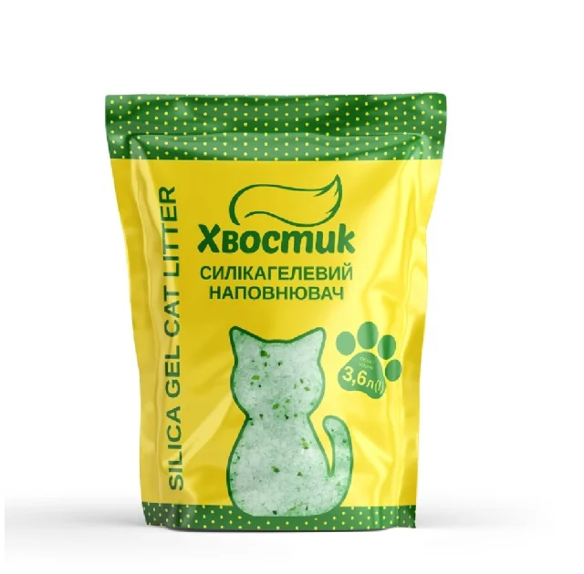 Силикагель наполнитель Хвостик для кошек, с зелеными гранулами, мелкая фракция, 3.6 л