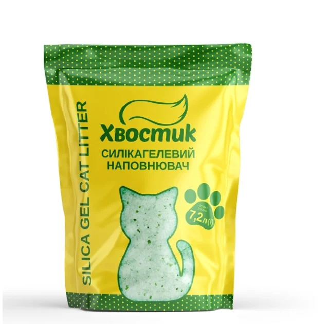 Силікагель наповнювач Хвостик для котів, із зеленими гранулами, дрібна фракція, 7.2 л