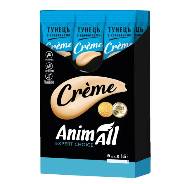 Ласощі AnimAll Сrème для котів, зі смаком тунець з креветками, 6×15 г