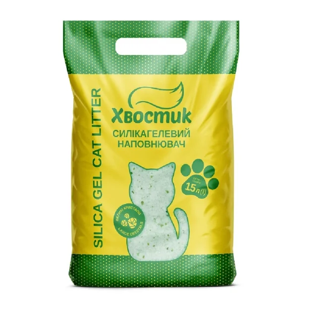 Силикагелевый наполнитель Хвостик для кошачьего туалета, с зелеными гранулами, большая фракция, 15 л