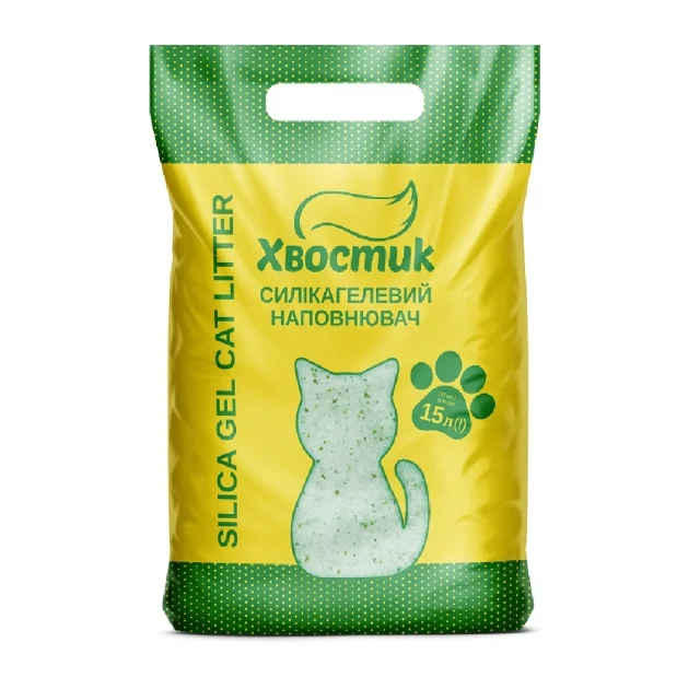 Силикагелевый наполнитель Хвостик для кошачьего туалета, с зелеными гранулами, мелкая фракция, 15 л