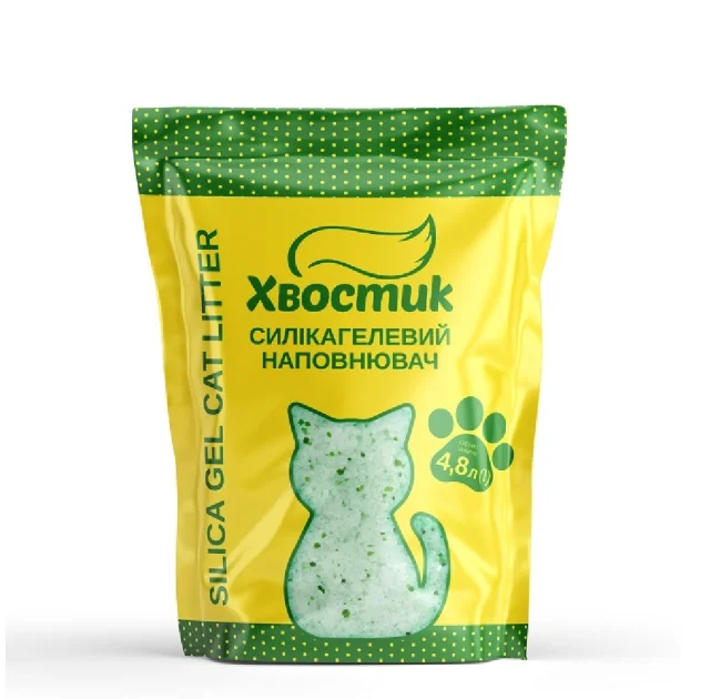 Наполнитель Хвостик для кошек, силикагель, мелкий с зелеными гранулами, 4.8л