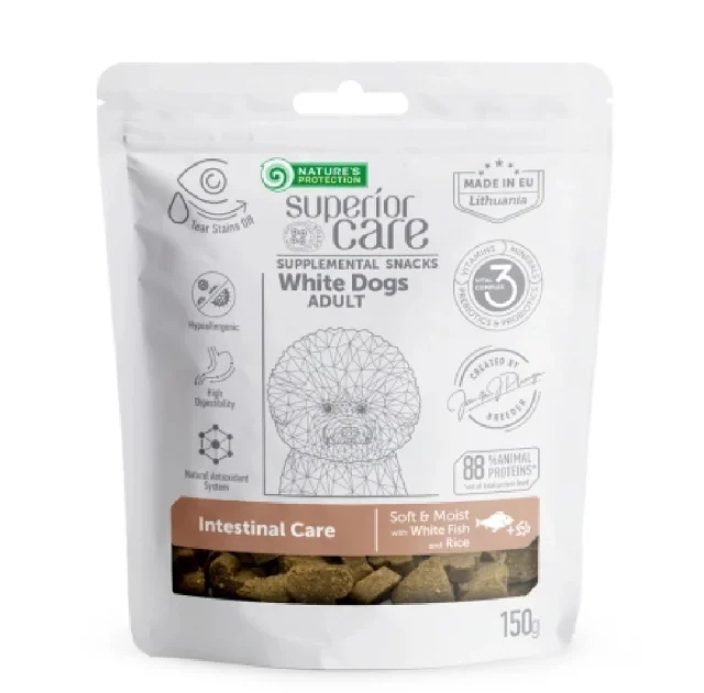 Беззернові ласощі Nature's Protection Superior Care White Dogs Intestinal Care для дорослих собак, біла риба і рис, 150 г