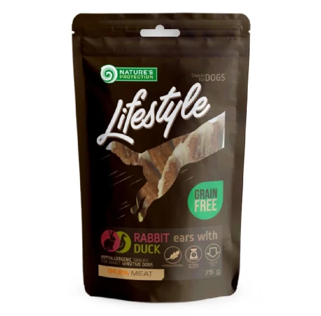 Лакомство Nature's Protection Lifestyle Rabbit Ears With Duck для собак, сушеные кроличьи уши с уткой, 75 г