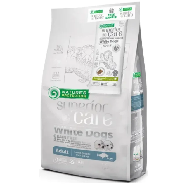 Сухой беззерновой корм Nature's Protection Superior Care White Dogs Large Breeds для взрослых собак, белая рыба и криль, 1.5 кг + лакомство 50 г