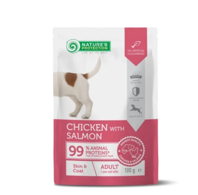 Вологий корм Nature’s Protection Skin&Coat для дорослих собак, здорова шкіра та шерсть, курка і лосось, 100 г