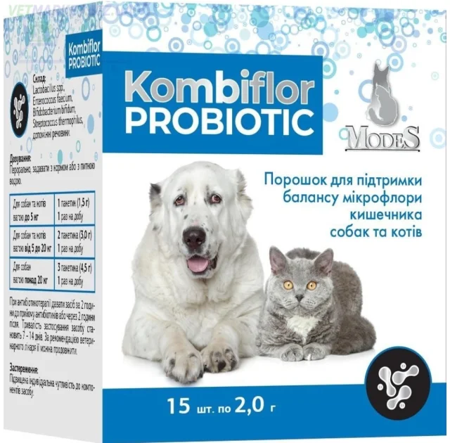 Набір 3+1 Modes Kombiflor Probiotic для підтримки балансу мікрофлори кишечника собак та котів, 15 пакетиків по 2 г