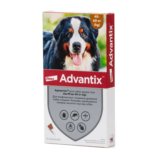 Краплі від бліх і кліщів Elanco Advantix для собак вагою 40-60 кг, упаковка 4 піпетки