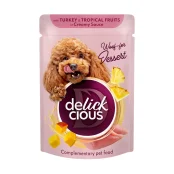 Влажный корм Delickcious для собак, хлопья с индейкой и тропическими фруктами в сливочном соусе, 80 г