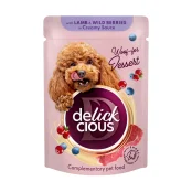 Влажный корм Delickcious для собак, хлопья с ягнятиной и лесными ягодами в сливочном соусе, 80 г