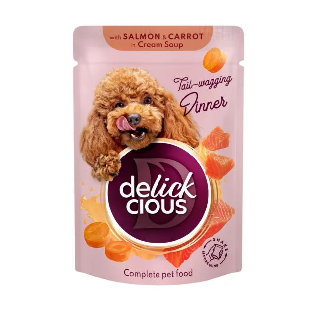Влажный корм Delickcious для собак, полоски с лососем и морковью в крем-супе, 85 г
