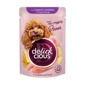 Влажный корм Delickcious для собак, полоски с индейкой и сыром в крем-супе, 85 г