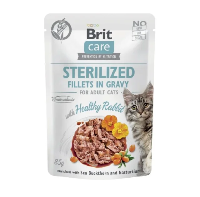 Вологий корм Brit Care Cat Sterilized для стерилізованих котів, філе в соусі, з кроликом, пауч, 85 г