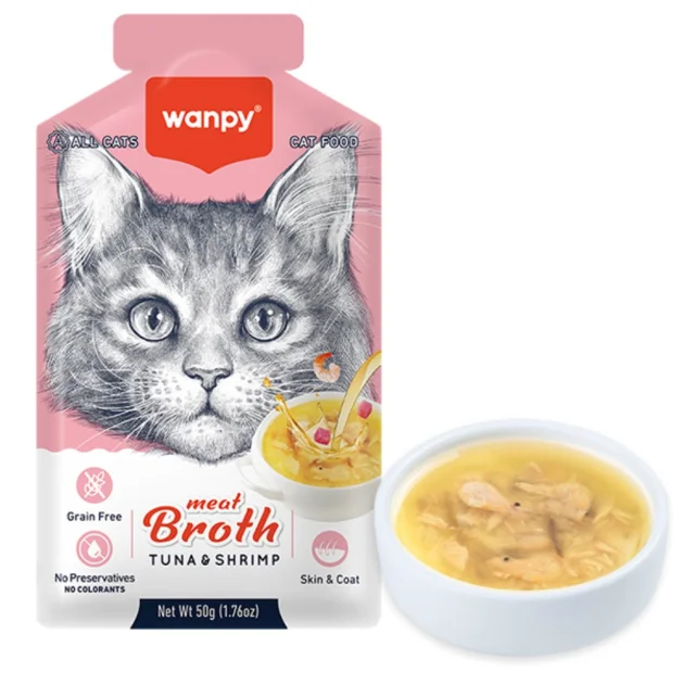 Беззерновий вологий корм Wanpy Meat Broths Tuna&Shrimp для котів, з тунцем і креветками, суп, 50 г