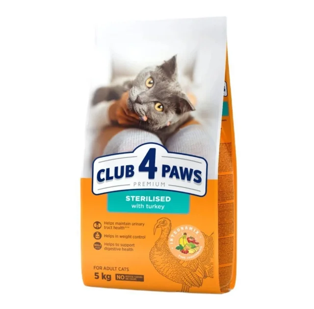 Сухой корм CLUB 4 PAWS Premium для кошек, для стерилизованных взрослых, с индейкой, 5 кг
