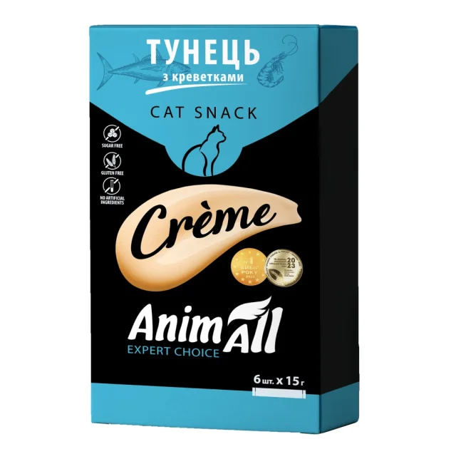 Ласощі AnimAll Сrème для котів, зі смаком тунець з креветками, 6×15 г