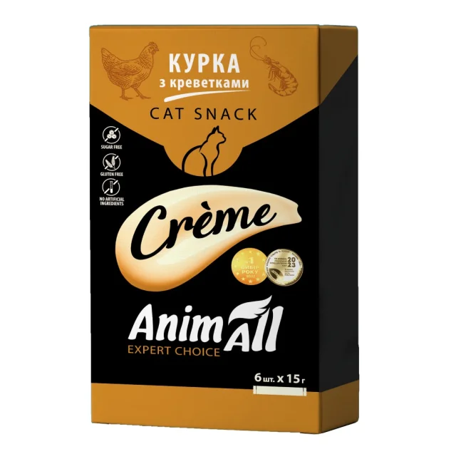 Ласощі AnimAll Сrème для котів, зі смаком курки з креветками, 6×15 г