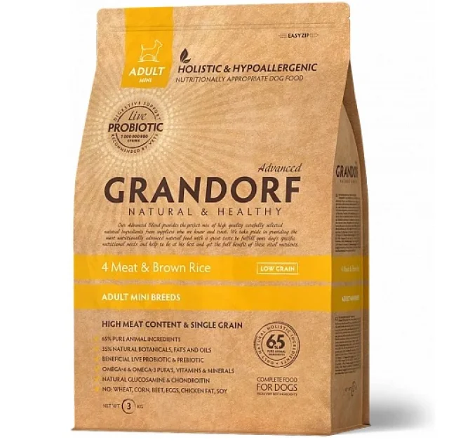 Сухой корм Grandorf Living Probiotics 4 Meat & Brown Mini для собак малых пород, 4 мяса с пробиотиками, 3 кг