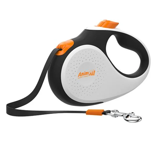 Рулетка-поводок AnimAll Deluxe М для собак до 25 кг/5 метров, Бело-черный/оранжевый