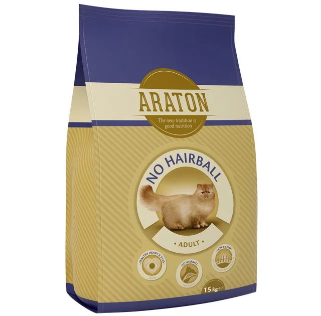 Сухий корм Araton Adult No Hairball для котів для усунення болю в кишечнику вагою від 1 до 8 кг, 15 кг