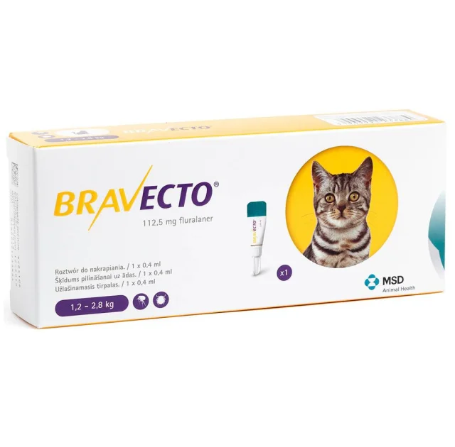 Капли Bravecto Spot On от блох и клещей для кошек малых размеров весом от 1,2 до 2,8 кг, 1 пипетка, 112,5 мл