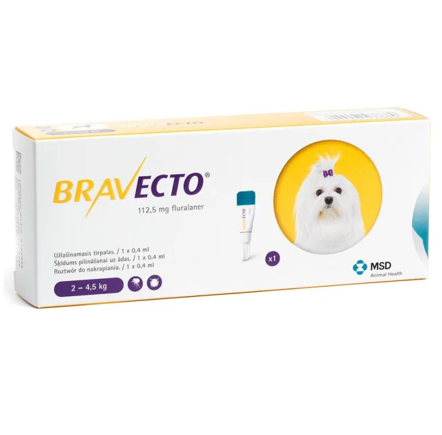 Краплі Bravecto Spot On від бліх і кліщів для собак малих порід вагою від 2 до 4,5 кг, 1 піпетка, 112,5 мл