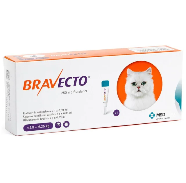 Капли Bravecto Spot On от блох и клещей для кошек средних размеров весом от 2,8 до 6,25 кг, 1 пипетка, 250 мл