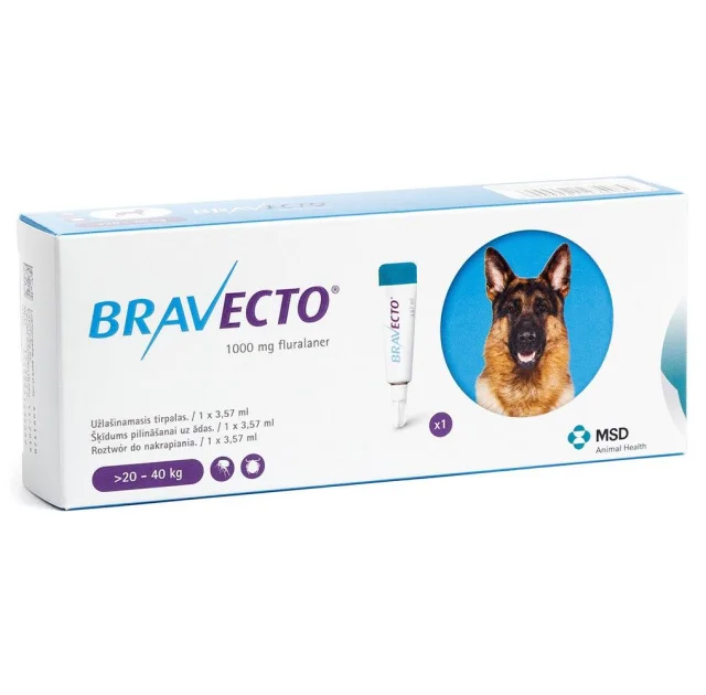 Краплі Bravecto Spot On від бліх і кліщів для собак великих порід вагою від 20 до 40 кг, 1 піпетка, 1000 мл